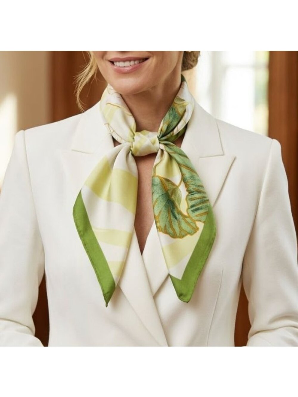 ❤️Elegant Bandana Square Scarf Silky Satin Soft Green Beige Floral Wrap Stylish